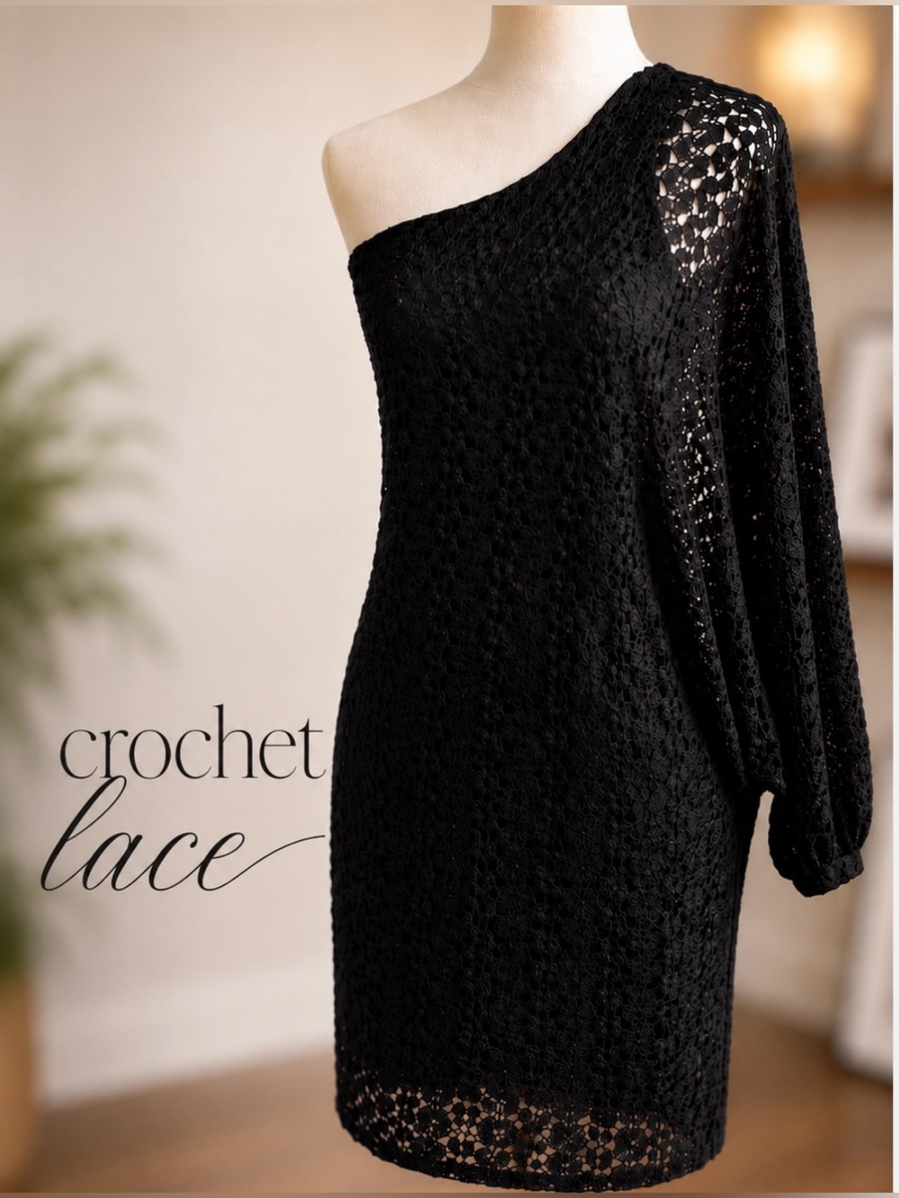 Julian Chang Black One-Shoulder Crochet Lace Batwing Sleeve Dress | M